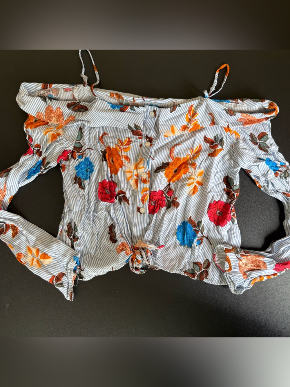 Angels Striped Off-Shoulder Blouse with Blue, Red & Orange Floral Print